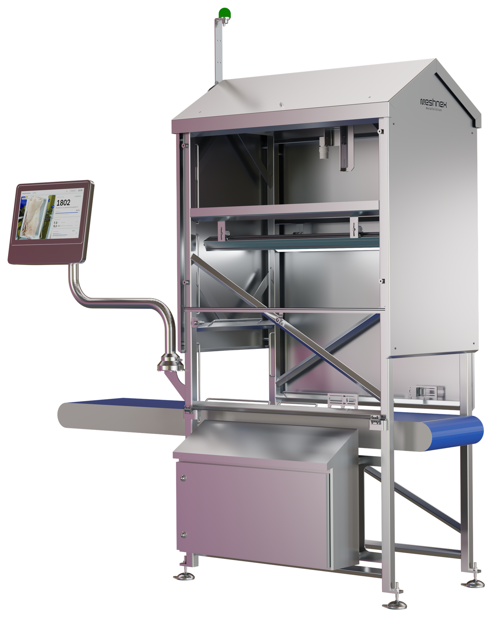The MeatVision station in stainless steel with the hood open: the LED light bars and the camera inside, above the conveyor, the operator screen on an arm, the status beacon on top and the cabinet under the belt