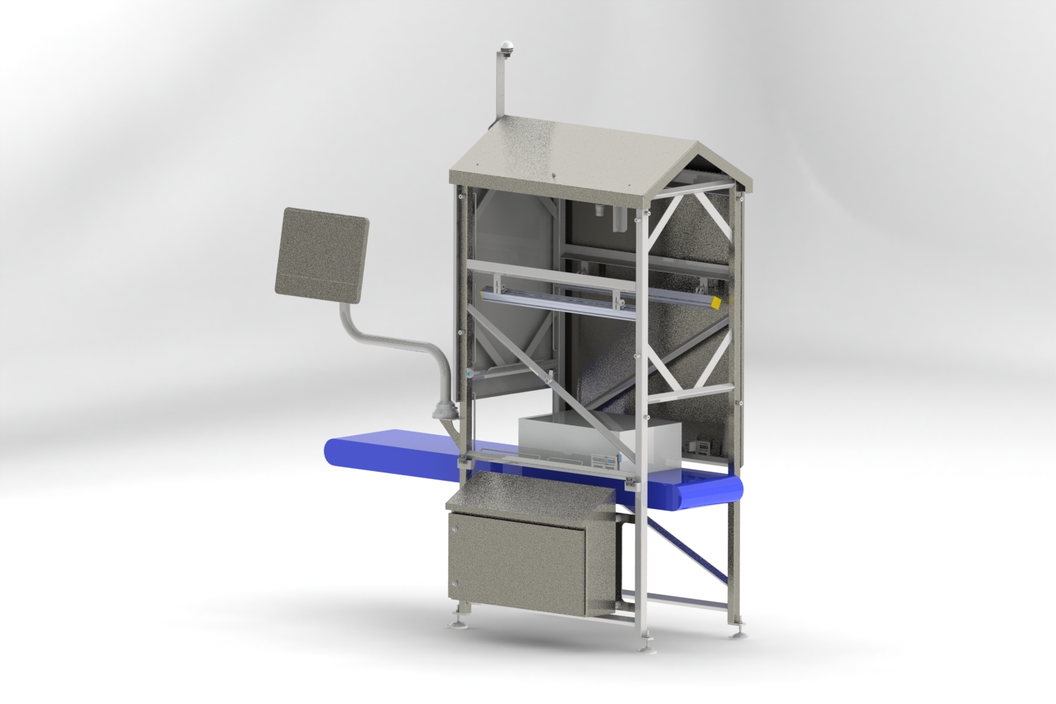 The MeatVision station: stainless enclosure with closed hood, mounted over the conveyor