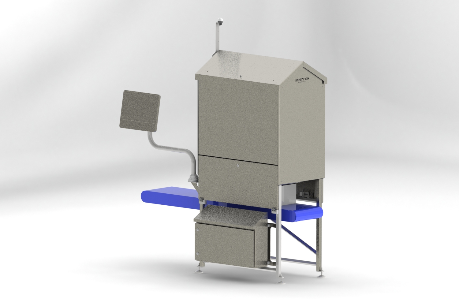 The MeatVision station over a conveyor: closed hood with lighting, a white meat crate passing underneath